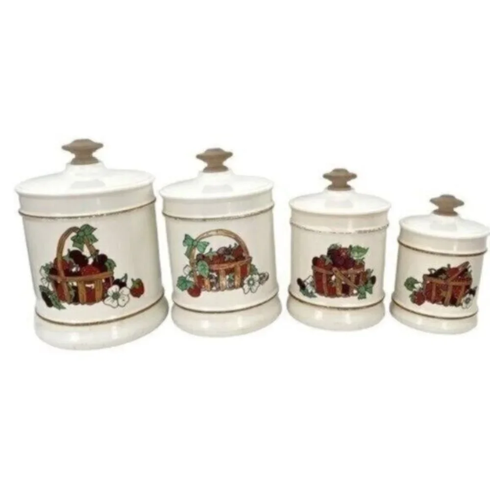 Vintage Kromex Basket Of Berries Aluminum Canister Set